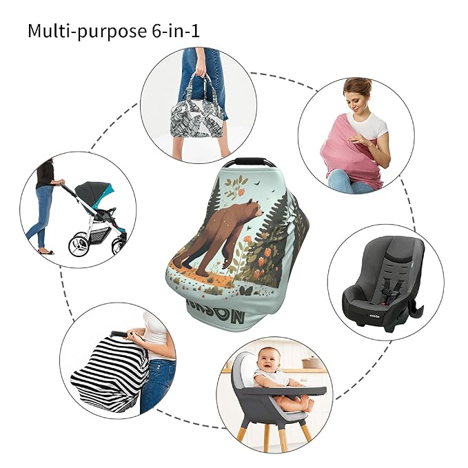 Personalized Bear Baby Car Seat Cover with Name,Multi-Use Canopy for Nursing, Strollers,Shopping Carts,Customized Breastfeeding Cover, Full Privacy,Infant Stroller Cover