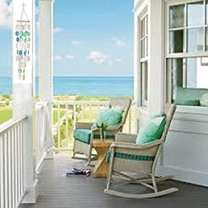 Bellaa 22906 Wind Chimes Outdoor, Garden Decorations, Musical, Indoor/Outside Windchimes, Beach, Ocean Breeze, Gifts for Mom, Gift for All Occasions, Capiz Sea Glass Shells Wood White Blue Green