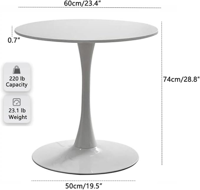 23.4" Tulip Dining Table, White, Perfect for 2-4 People, Mid-Century Modern Style, Round MDF Top with Sturdy Base for Dining Room, Living Room, Cafe