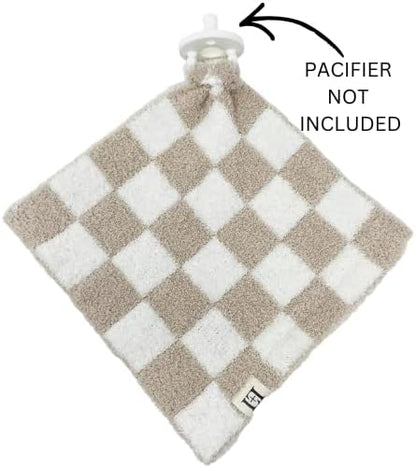 L+L USA Checkered Baby Lovey Pacifier/Teether Holder 10"x10" - DreamSoft Plush Fluffy Cuddly Soothie Reversible Mini Comfort Blanket - Cute Newborn Gift Essential Babies Boys Girls (Tan/White)