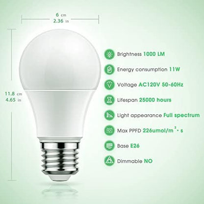 Briignite Grow Light Bulbs, LED Grow Light Bulb A19 Bulb, Full Spectrum Grow Light Bulb, Plant Light Bulbs E26 Base, 11W Grow Bulb 100W Equivalent, Grow Light for Indoor Plants, Seed Starting, 6 Pack