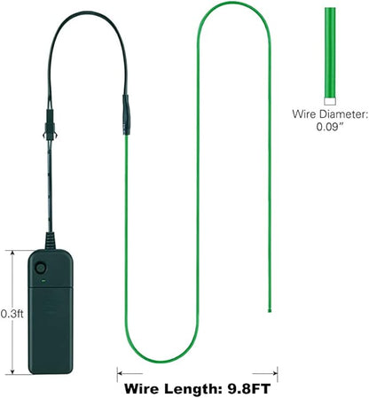 MaxLax EL Wire Green, 9.8ft/3m Portable Battery Pack Neon Light Strip 360° Cuttable Glowing Rope Lights for Parties, Halloween, DIY Decoration