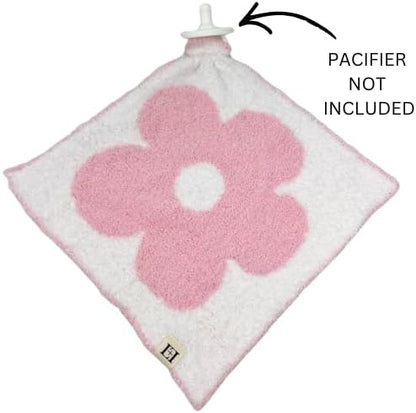 L+L USA Retro Flower Baby Lovey Pacifier/Teether Holder 10"x10" - DreamSoft Plush Fluffy Cuddly Soothie Reversible Mini Comfort Blanket - Cute Newborn Gift Essential Babies Boys Girls (Pink/White)