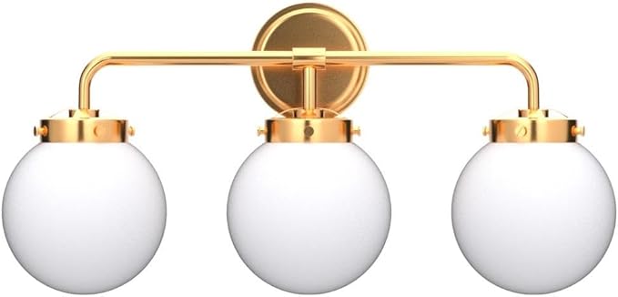 Gold Bathroom Vanity Light Fixtures Over Mirror, Modern Brass 3 Lights Wall Sconce with Milky Glass Ball Shade, Mid Century Farmhouse Vanity Lighting