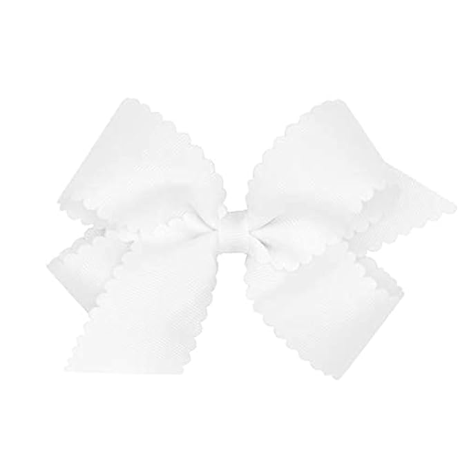 Wee Ones Girls' Classic Grosgrain Hair Bow with Scalloped Edges, No-Slip Hair Clip, Handmade, White, Medium
