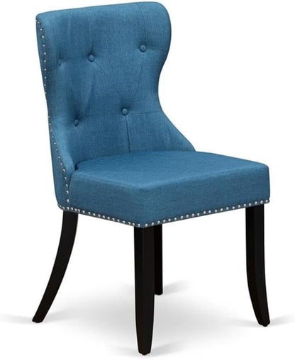 East West Furniture AMSI5-BCH-21 5 Piece Dining Room Furniture Set Includes a Round Kitchen Table with Pedestal and 4 Blue Linen Fabric Parsons Dining Chairs, 36x36 Inch, Black & Cherry
