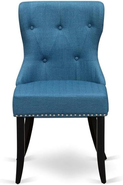 East West Furniture AMSI5-BCH-21 5 Piece Dining Room Furniture Set Includes a Round Kitchen Table with Pedestal and 4 Blue Linen Fabric Parsons Dining Chairs, 36x36 Inch, Black & Cherry