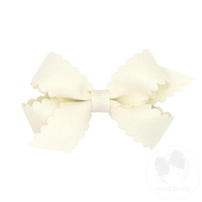 Wee Ones Girls' Classic Grosgrain Hair Bow with Scalloped Edges, No-Slip Hair Clip, Handmade, Antique White, Mini