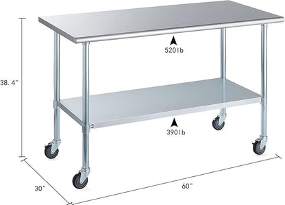 ROCKPOINT Stainless Steel Table for Prep & Work with Caster Wheels 30x60 Inches, NSF Metal Commercial Kitchen Heavy Duty Table with Adjustable Under Shelf and Table Foot for Restaurant, Home and Hotel