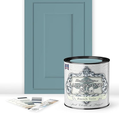 ALL-IN-ONE Paint, Durable cabinet and furniture paint. Built in primer and top coat, no sanding needed. Includes our 30 featured color card - French Toile (warm blue), Quart
