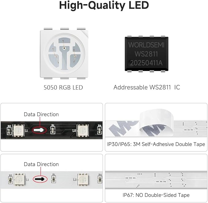 BTF-LIGHTING WS2811 IC=RGB+IC Addressable Color RGB LED Strip,16.4FT 30LED/m 10Pixels/m,IP65 Black PCB,UL Listed,Flexible DC12V Chasing Effect for Indoor Home Decor,3M Tape(No Adapter or Controller)