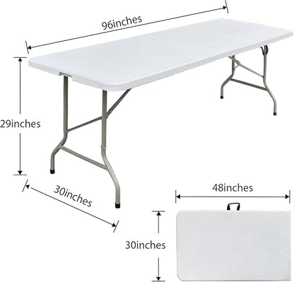 8 Foot Folding Table 96 inch Heavy Duty 8ft Plastic Portable Foldable Table with Handle Indoor Outdoor White 8' Dining Table for Picnic, Party and Camping