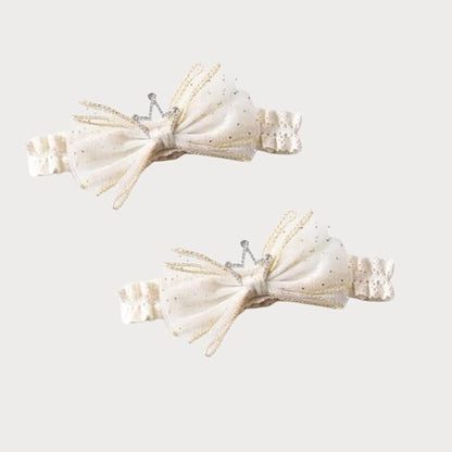 Baby Girls Hairband White Bow Lace Headbands Handmade Soft Stretchy Bowknot Hairbands Newborn Headband with Bows Pearls Elastic Head Band for Newborn Infant(Beige Crown Bow)