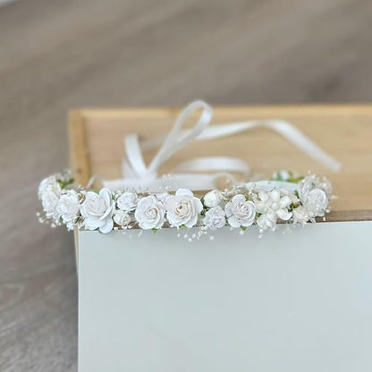 White Flower Girl Crown with Baby's Breath Headpiece Young Girl Communion Floral Hair Wreath Rustic Wedding Hair Accessories Headband for Child(43cm length)