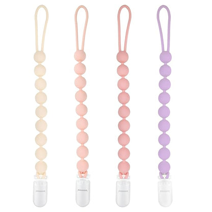 MINMUNJIU Pacifier Clips Baby Girl, 4 Pack One Piece Flexible Soft Binky Clips Silicone Pacifier Holder Clip for Girls, Baby Girl Newborn Essentials