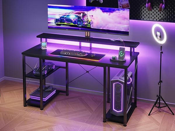 ODK 48 Inches Gaming Desk with LED Lights, Computer Desk with Monitor Stand, Pc Table with CPU Stand, Deep Black