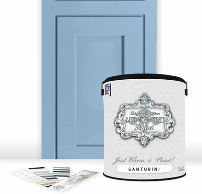 ALL-IN-ONE Paint, Durable cabinet and furniture paint. Built in primer and top coat, no sanding needed. Includes our 30 featured color card - Santorini (slate blue), Gallon