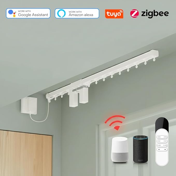 ZigBee 3.0 Dual Motor Smart Curtain Track System, Ripple Fold Electric Drapery Rods, Independent Left Right Control Day Night Curtains, 1.2N.m Mini Automatic Opener (2 meters (78.7 inches))