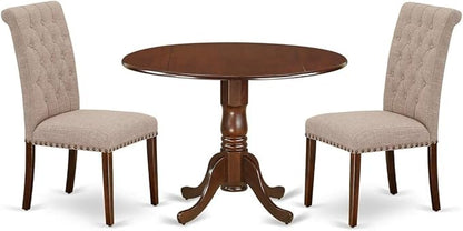 East West Furniture DLBR3-MAH-04 3 Piece Dining Room Furniture Set Contains a Round Dining Table with Dropleaf and 2 Light Tan Linen Fabric Parsons Chairs, 42x42 Inch, Mahogany