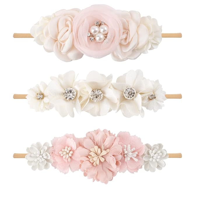 cherrboll 3pcs Baby Girl Flower Headbands, Super Soft & Stretchy Nylon Floral Hairbands for Newborn Toddler