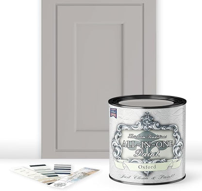 ALL-IN-ONE Paint, Durable cabinet and furniture paint. Built in primer and top coat, no sanding needed. Includes our 30 featured color card - Oxford (neutral gray), Quart