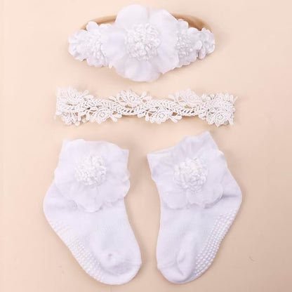 cherrboll Baby Girl Headbands and Socks Set, 3Pcs Soft Floral Hairbands Hair Bows Knit Socks for Newborn Infants Toddlers Photography Props Gifts