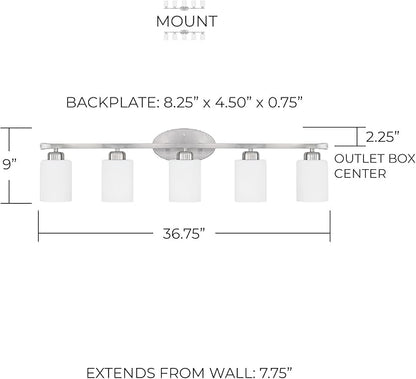 HomePlace Lighting 115251BN-338 Dixon Modern Soft White Glass Bathroom Vanity Wall Light, 5-Light 500 Total Watts, 9" H x 37" W, Brushed Nickel