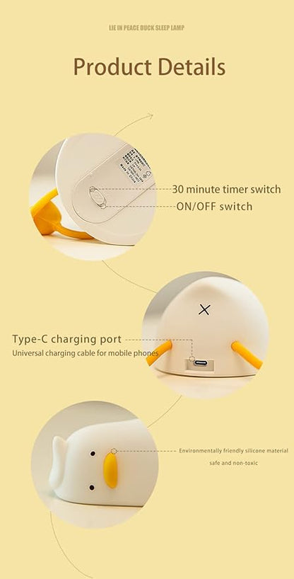 Lying Flat Duck Night Light for Kids,Touch Dimmable,Rechargeable Portable Squishy Silicone Led Nightlight,Kawaii Gift,Nursery,Toddler,Breastfeeding,Bedroom Decor,Timing Bedside Lamp,Birthday