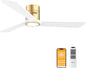 DAMINY Natural Solid Wood White and Gold 52 inch Ceiling Fan with Light,3 Blades,6CCT,Low Profile Ceiling Fan with Light and Remote Control, APP Control,Flush Mount