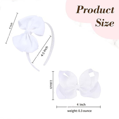 Bow Headband & 2 Pcs 4 Inch Hair Bows Set, Black School Hair Accessories for Little Toddler School Girls (White)