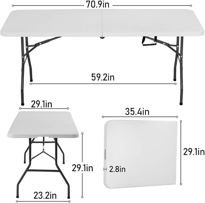 6FT Picnic Table Folding Table Camping Table Plastic Table Fold Up Table Lock for Party Event,White