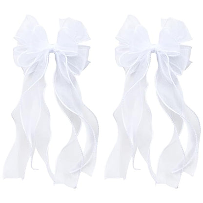 2Pcs White Ribbon Bow Hair Clips Flower Girl Long Layer Bow Barrette Alligator Clip Bridal Birthday First Communion Headwear Accessories for Baby Girls