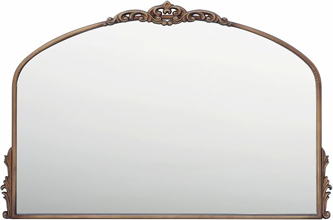 Distressed Antique Brass Wall Mirror Wide - 36x24 inch, Large Vintage Gold Fireplace Mantle Mirror, Baroque Ornate Decorative Bathroom Mirror for Over Sink