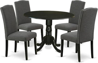 East West Furniture DLEN5-BLK-20 5 Piece Dining Set Includes a Round Dining Room Table with Dropleaf and 4 Dark Gotham Linen Fabric Upholstered Parson Chairs, 42x42 Inch, Black