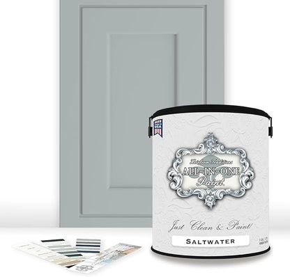 ALL-IN-ONE Paint, Durable cabinet and furniture paint. Built in primer and top coat, no sanding needed. Includes our 30 featured color card - Saltwater (pale green), Gallon