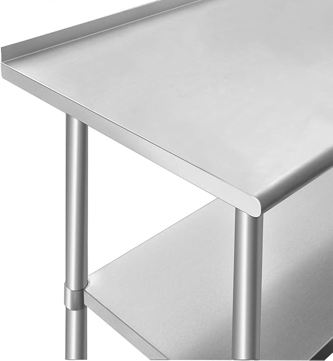 ROCKPOINT Stainless Steel Table for Prep & Work with Backsplash 24x48 Inches, NSF Metal Commercial Kitchen Heavy Duty Table with Adjustable Under Shelf and Table Foot for Restaurant, Home and Hotel