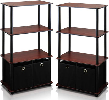 Furinno Go Green 4-Tier Multipurpose Storage Shelf with Bins, Set of 2, Dark Cherry