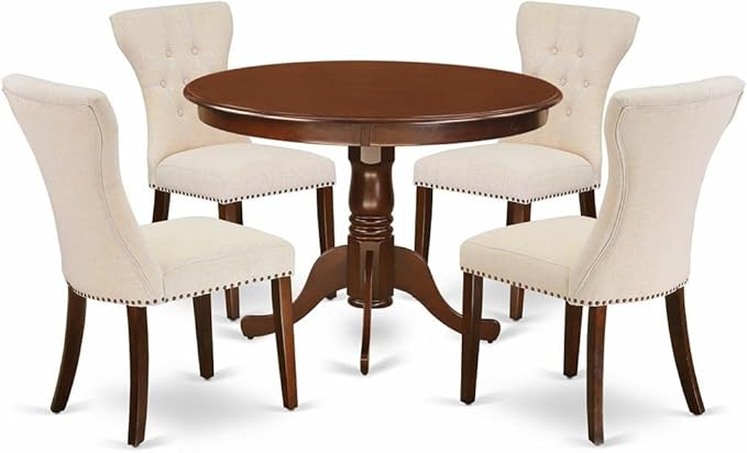 East West Furniture HLGA5-MAH-32 5 Piece Dining Room Furniture Set Includes a Round Dining Table with Pedestal and 4 Light Beige Linen Fabric Parsons Chairs, 42x42 Inch, Mahogany
