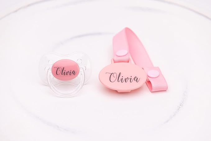 Personalized Pacifier and Pacifier Clip Pink (0-6 or 6-18 Months) BPA-Free CAN BE STERILIZED 3 Nipple Shapes (0-6 Months)