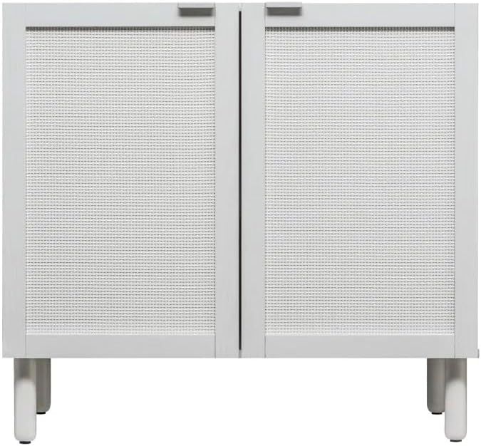 Sango Orre 2-Door Cabinet, Modern White Storage Cabinet with Synthetic Rattan Door Panels, Adjustable Shelf, Cylindrical Wood Legs, Discreet Finger Pulls, Elegant Furniture for Office or Living Room