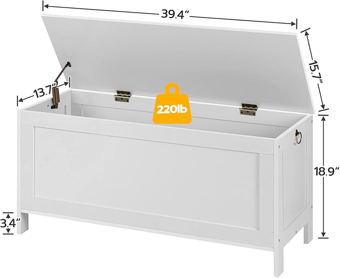HOOBRO Toy Box, Retro Wooden Look Storage Chest with Safety Hinge, Entryway Storage Bench Supports 220 lb, 39.4 x 15.7 x 18.9 Inches Toy Chest Organizer, Easy Assembly (White)