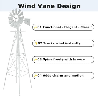 8FT Windmill for Yard Garden Decoration with Weather Vanes，Heavy Duty Outdoor Wind Mills, Large Metal Outdoor Windmill,Weather Resistant,White