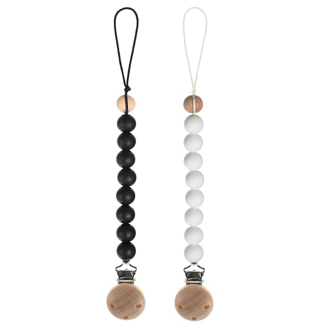 Silicone Pacifier Clips for Baby, Paci Holders Binky Clips, 2 Pack (White+Black)