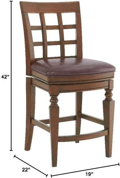 Napa Counter Height Stool with Back, Mahogany - Elegant Trellis Back Design, Faux Leather Upholstery, Foam-Filled Seat, Steel Memory Return Swivel, Seat Height 26 in, Footrest at 6 3/4 in.