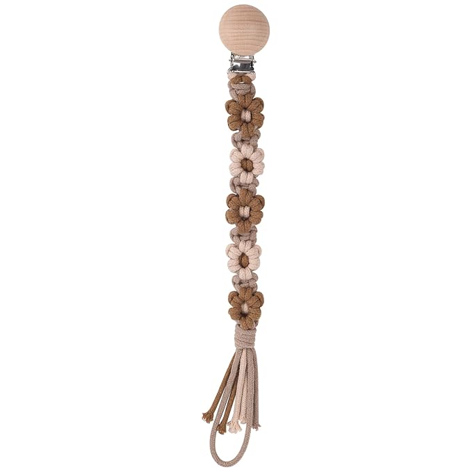 Pacifier Clip for Boys Girls Floral Daisy Macrame Baby Paci Clip Pacifier Holder Leash Boho Wooden Clips Handmade Braided Cotton Binky Clips (1pack:Maillard Style)