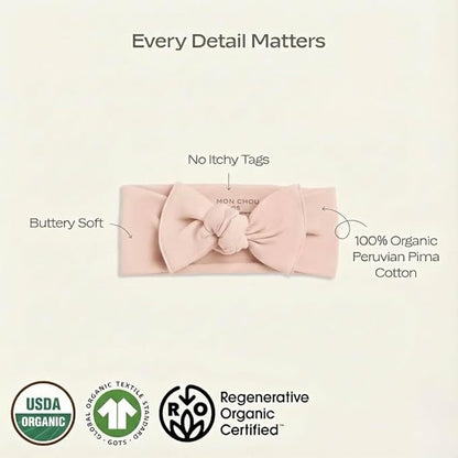MON CHOU Baby Headbands - Set of 2 Organic Cotton Headbands for Baby Girls - Ultra Soft, 100% Pima Cotton Infant Hair Bows (Ivory & Bloom)