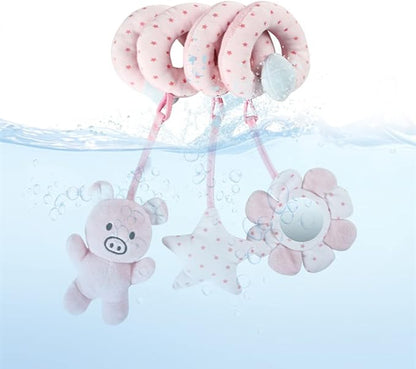 Baby Car Seat Toys, Infant Activity Spiral Plush Toys Hanging Stroller Toys for Baby Girl and Boy with Distorting Mirror (Pink Pig)