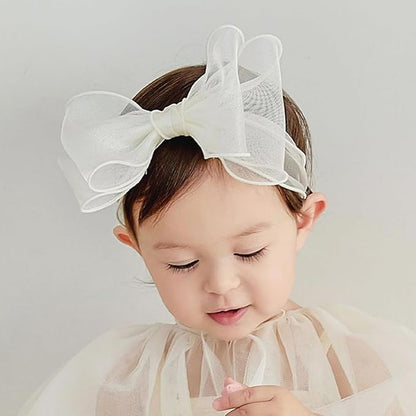 Baby Girls Lace Bow Headband Cute Chiffon Bow-Knot Toddler Hairband Elastic Soft Lace Infants Birthday Party Hair Accessories (White-1, One size)