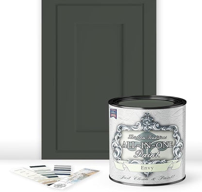 ALL-IN-ONE Paint, Durable cabinet and furniture paint. Built in primer and top coat, no sanding needed. Includes our 30 featured color card - Envy (slate green), Quart