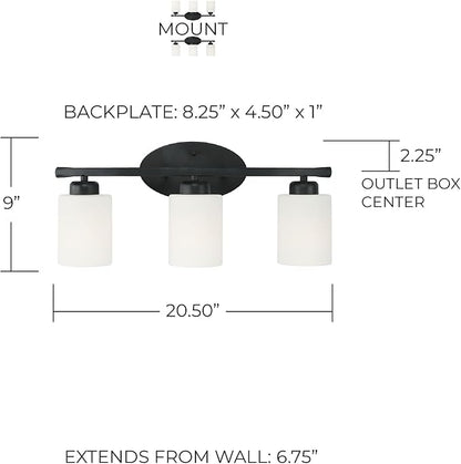 HomePlace by Capital Lighting 115231MB-338 Dixon Modern Soft White Glass Bathroom Vanity Wall Light, 3-Light 300 Total Watts, 9" H x 21" W, Matte Black